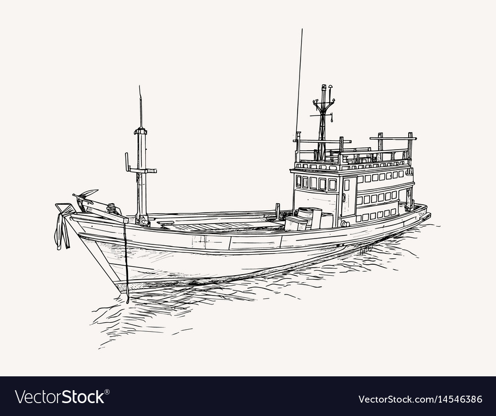 Zeichnung von Fangtrawler an der Seeskizze