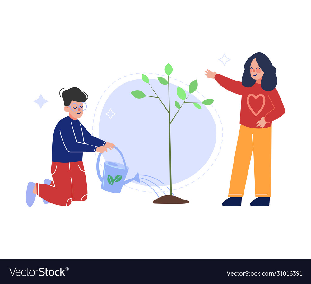 Boy and girl planting and watering tree children Vector Image