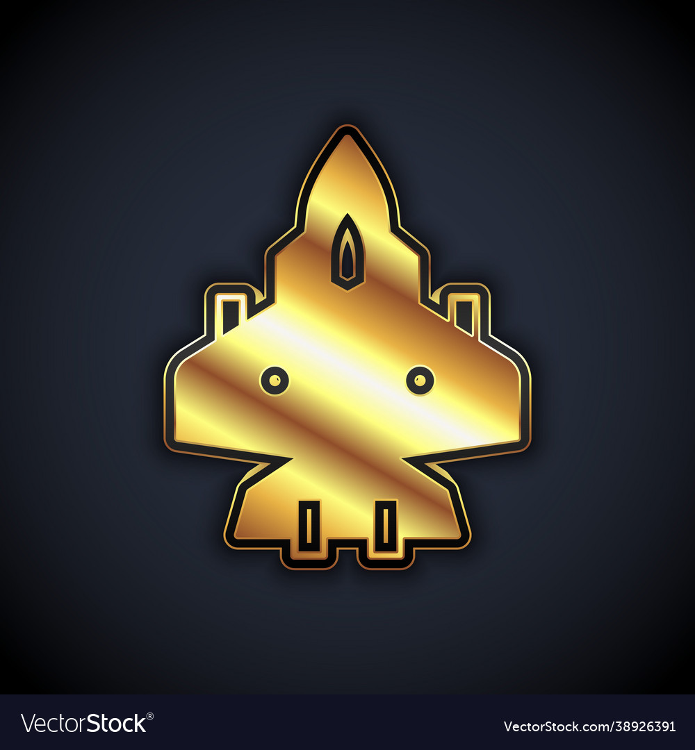 Gold jet fighter icon isolated on black background