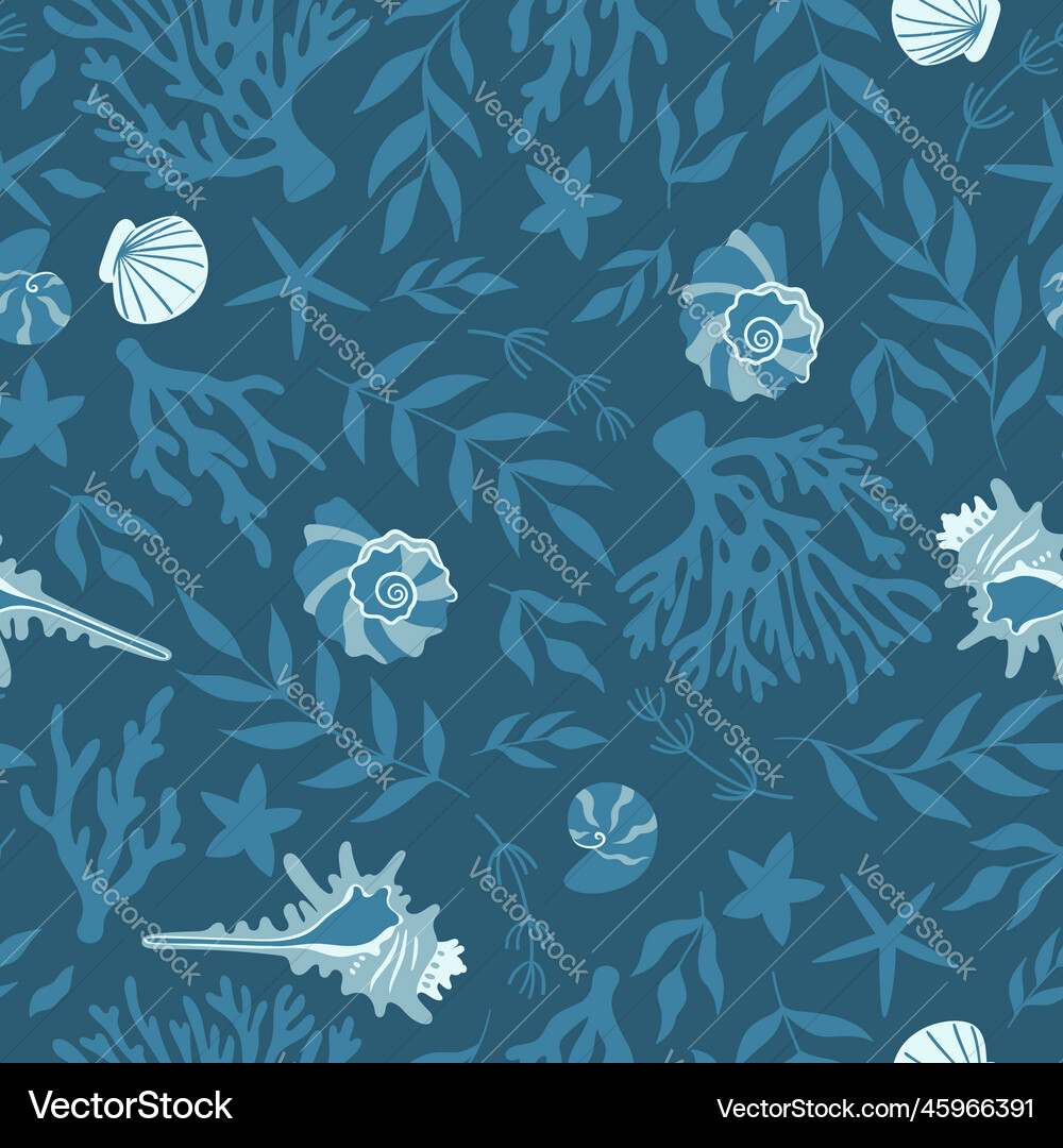 Marine seamless pattern with seashells algae Vector Image