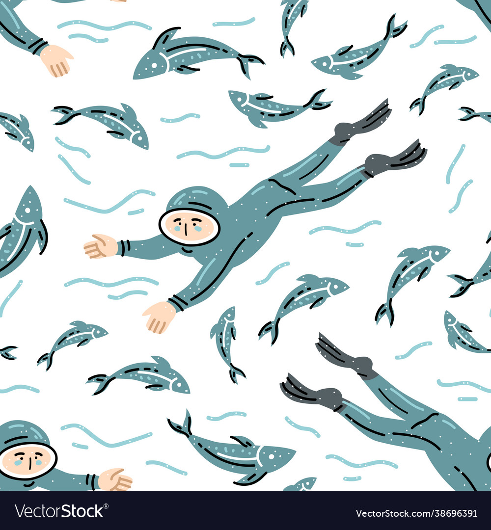 Retro nahtlose Muster mit Taucher und Fisch vector image Retro nahtlose Muster mit Taucher und Fisch
