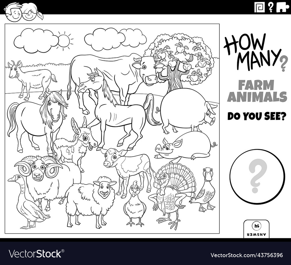 Counting cartoon farm animals educational task Vector Image