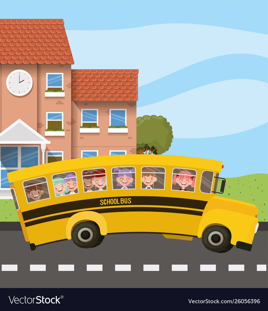School building and bus with kids in road