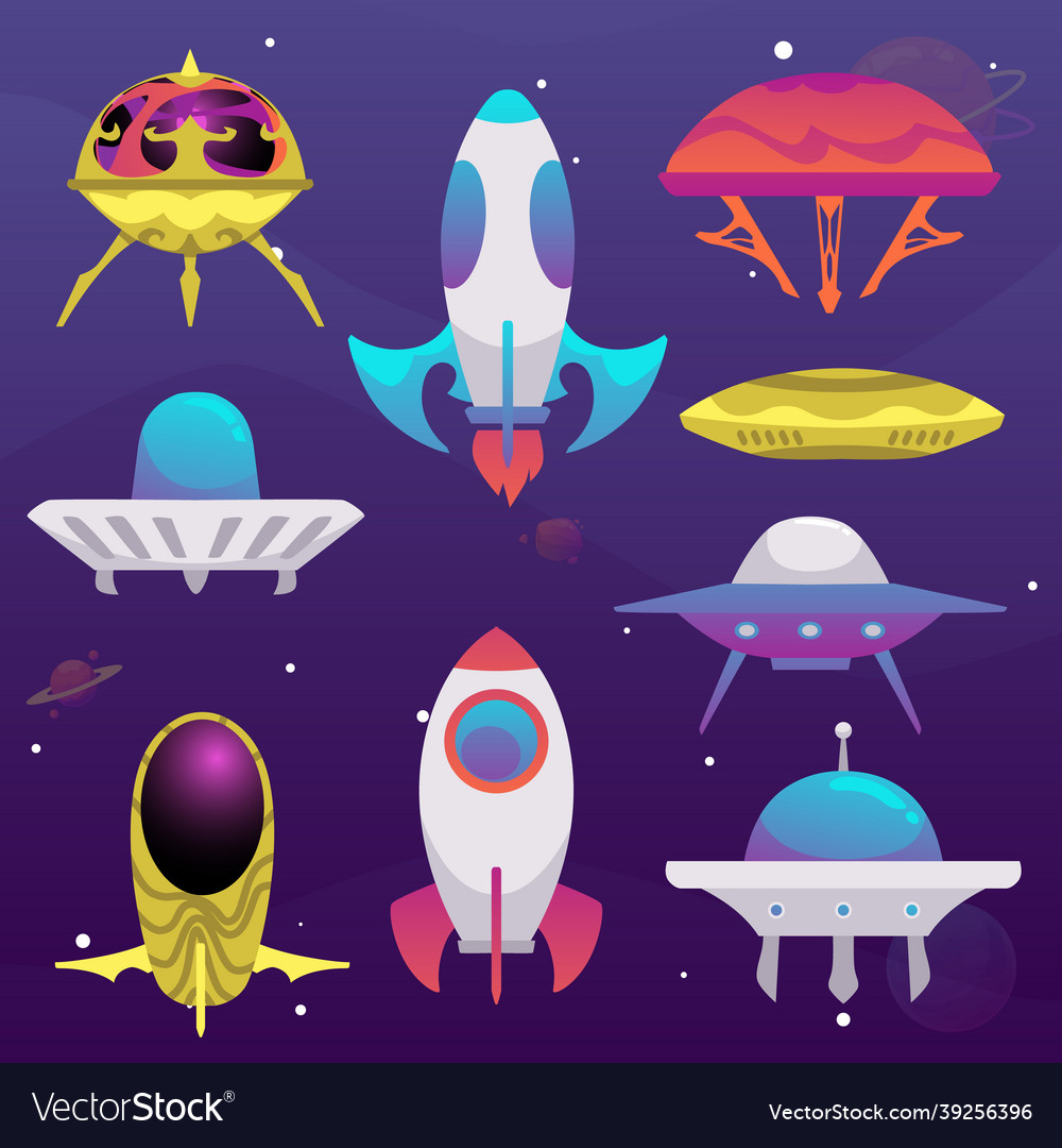 Set of spaceships ufo and rockets using alien