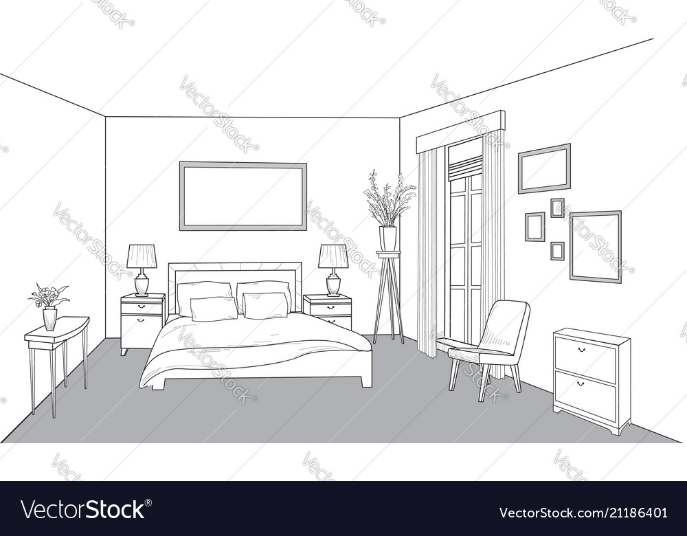 Bedroom Furniture Interior Outline Sketch Vintage