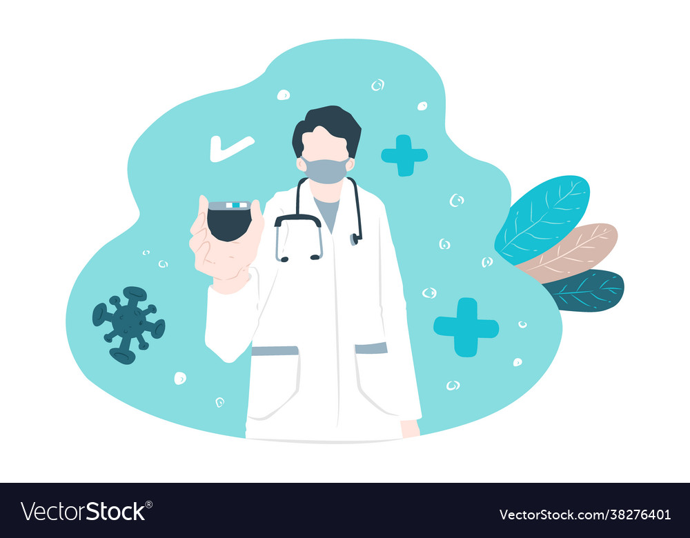 Zeichnen Sie einen Arzt der eine Maske trägt die den Test covid19 zeigt