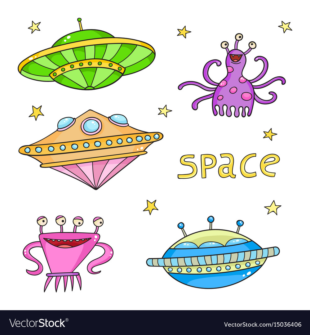 Card with space objects - ufo rockets aliens