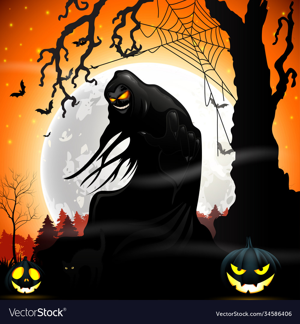 Halloween death with grim reaper and pumpkins