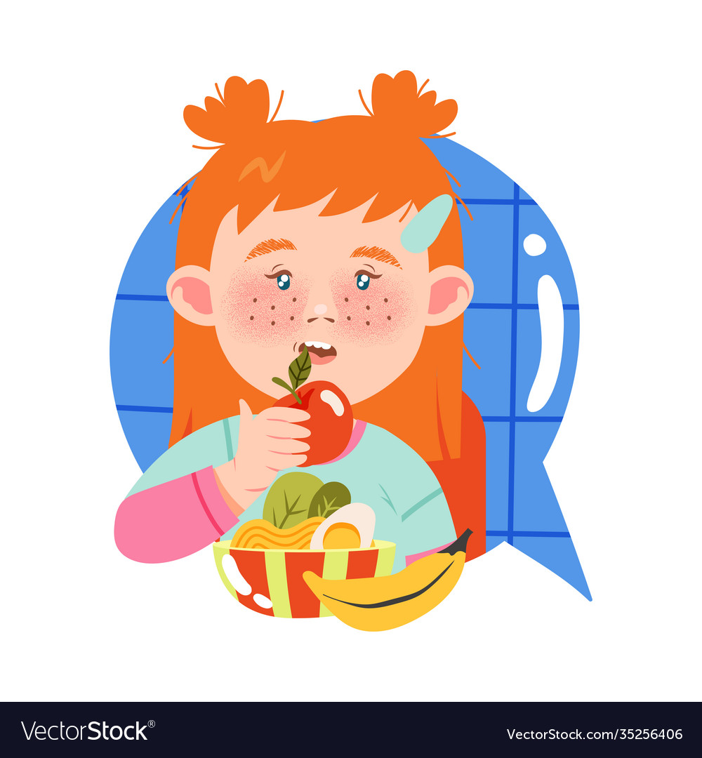 Red haired girl character having breakfast eating