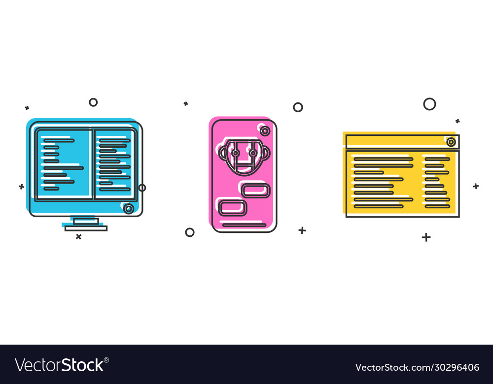 Set computer monitor screen bot and software web vector image Set computer monitor screen bot and software web