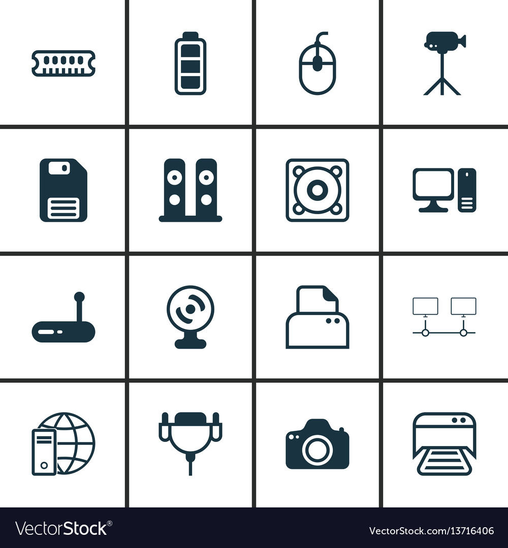Set of 16 computer hardware icons includes vector image Set of 16 computer hardware icons includes