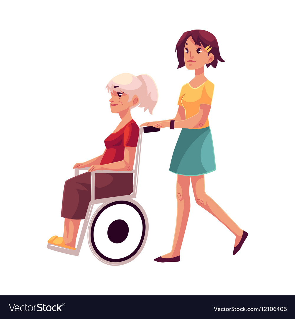 Young woman strolling grandmother in wheelchair Vector Image