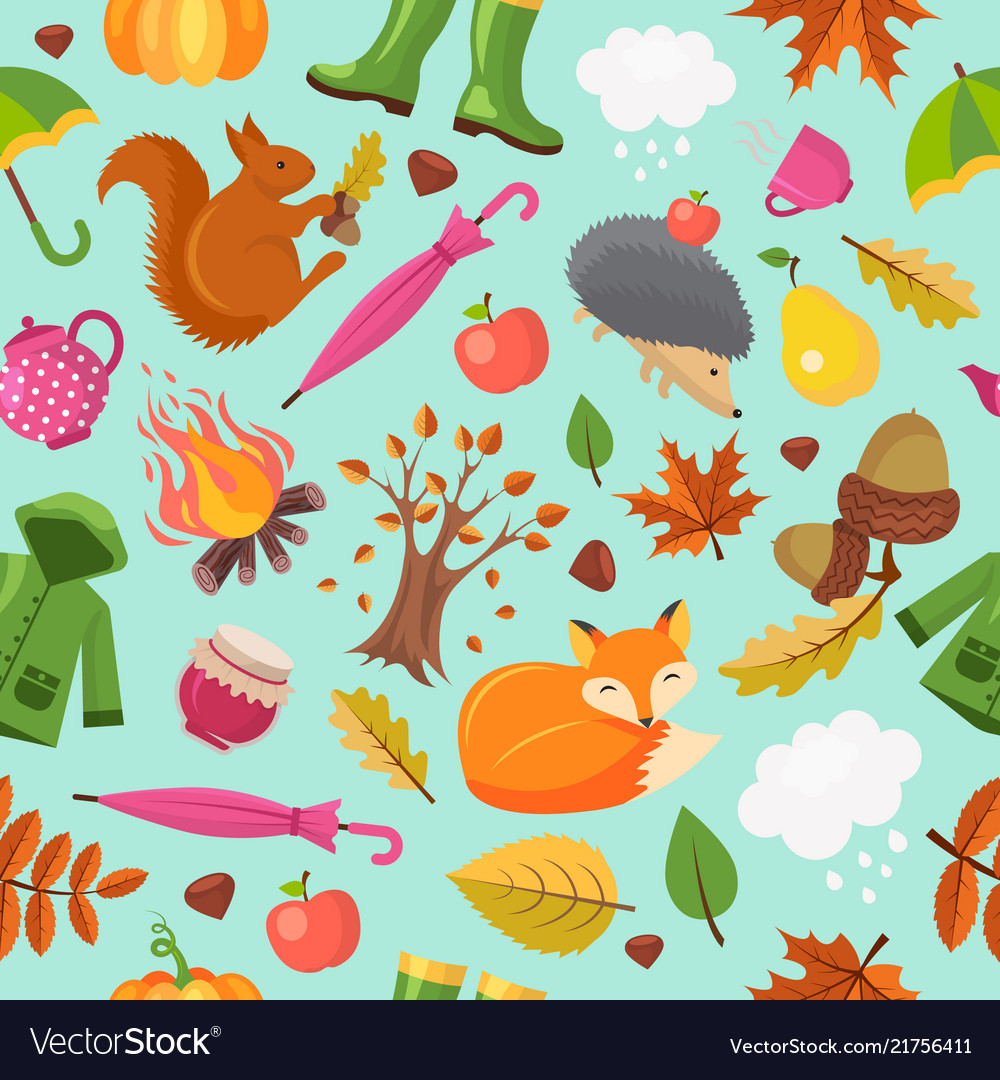 Autumn animals pattern forest fall cute fox vector image Autumn animals pattern forest fall cute fox