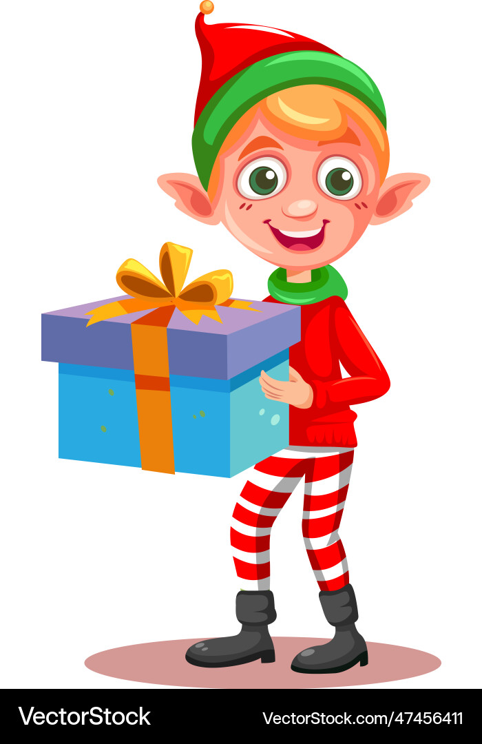 Cheerful elf holding a gift box Royalty Free Vector Image