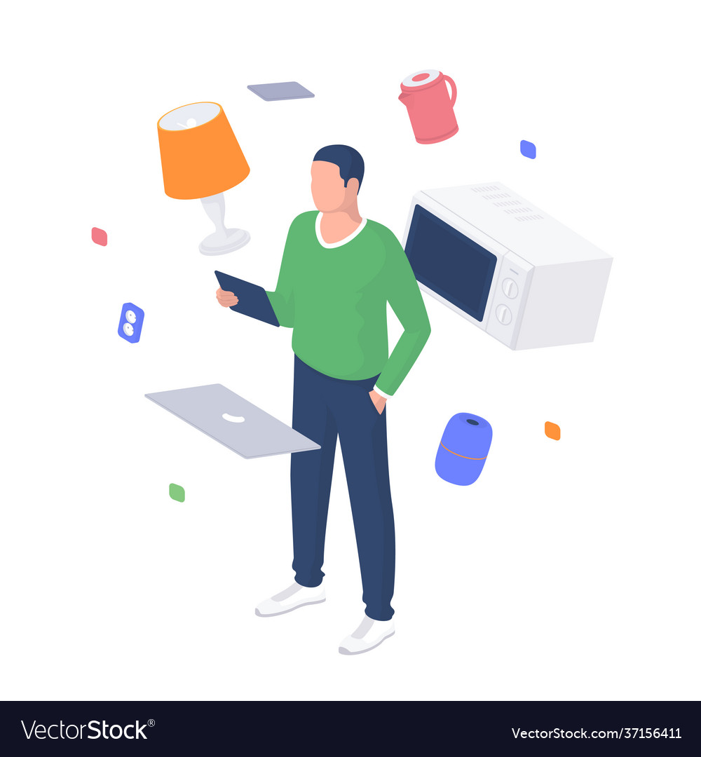 Man configures smart home devices isometric