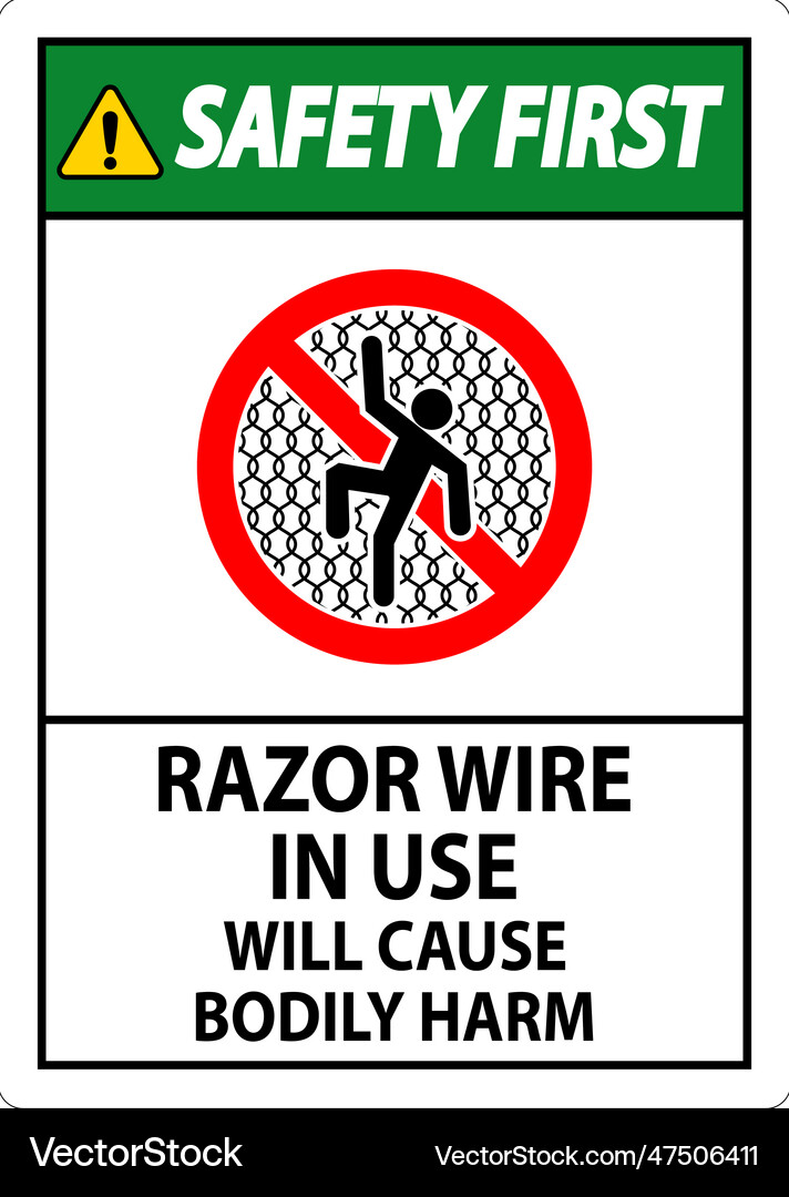 Safety first sign razor wire in use will cause Vector Image