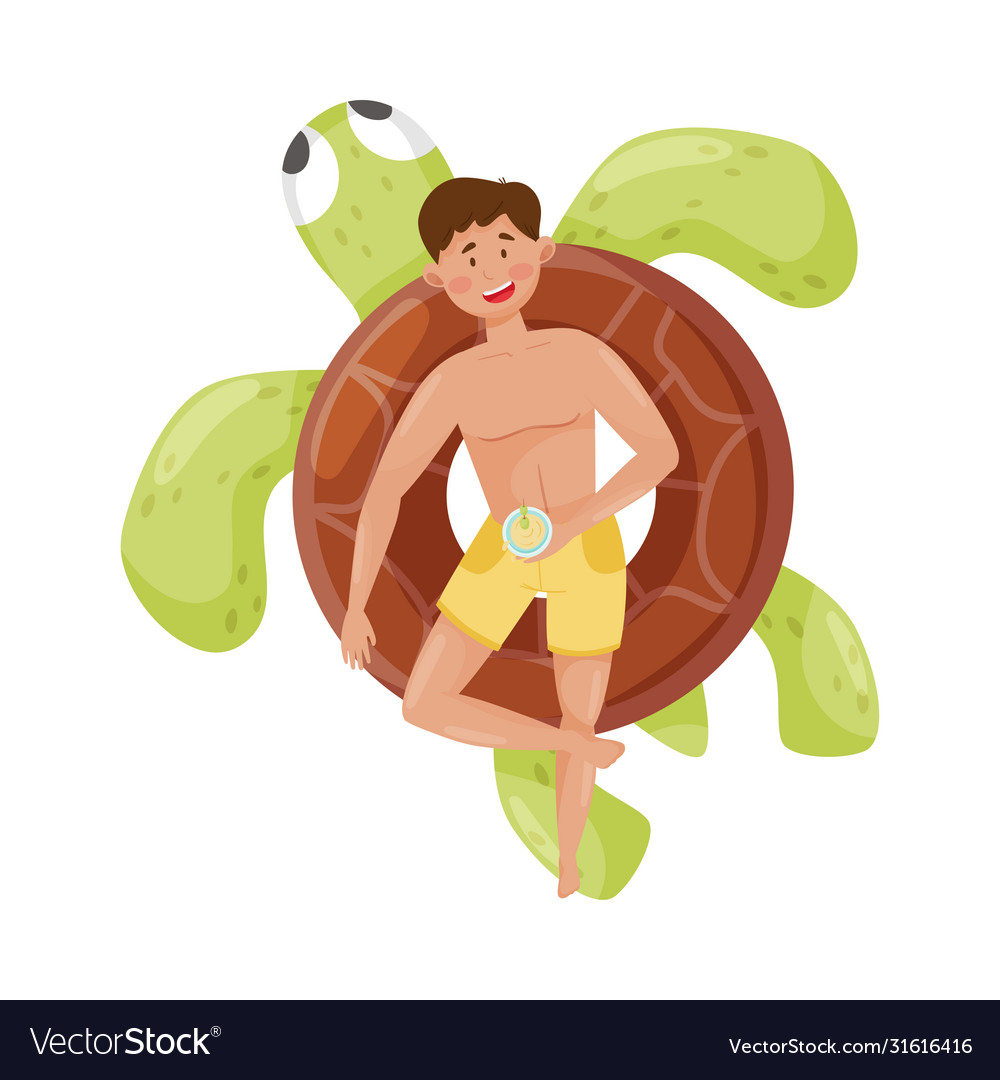 Man Relaxing on Rubber Turtle Float