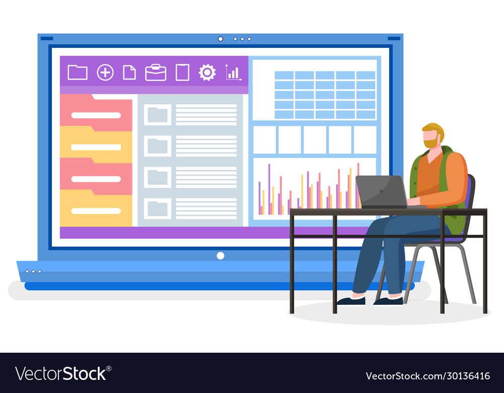Man work on laptop graphics computer desktop vector image Man work on laptop graphics computer desktop