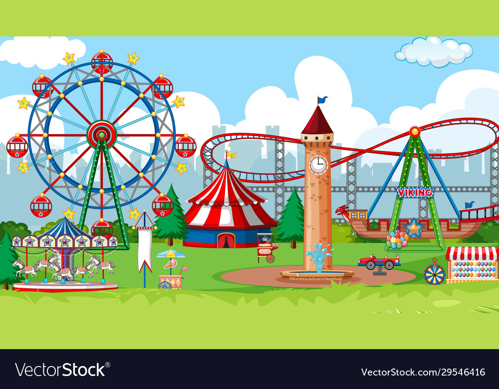 Scene with ferris wheel and roller coaster in the Vector Image