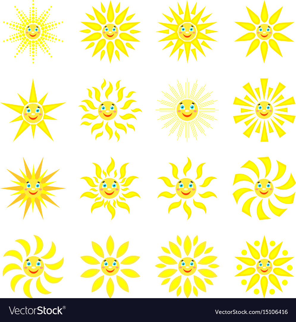 Smiling sun with rays of different shapes set
