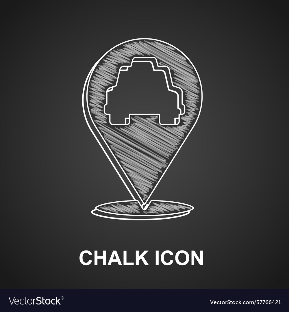 Chalk map pointer with taxi icon isolated on black