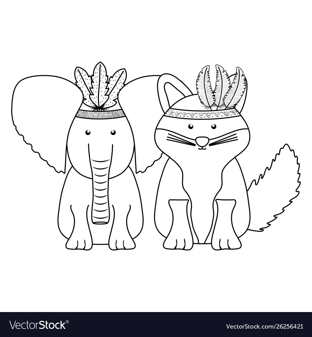 Elephant and fox with feathers hats bohemian style