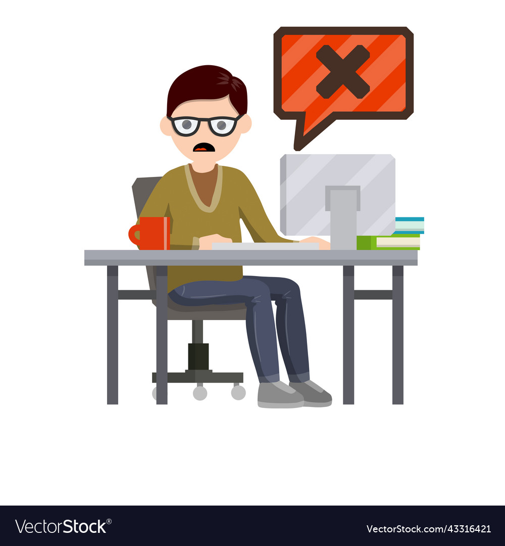 Error message in computer shocked man vector image Error message in computer shocked man