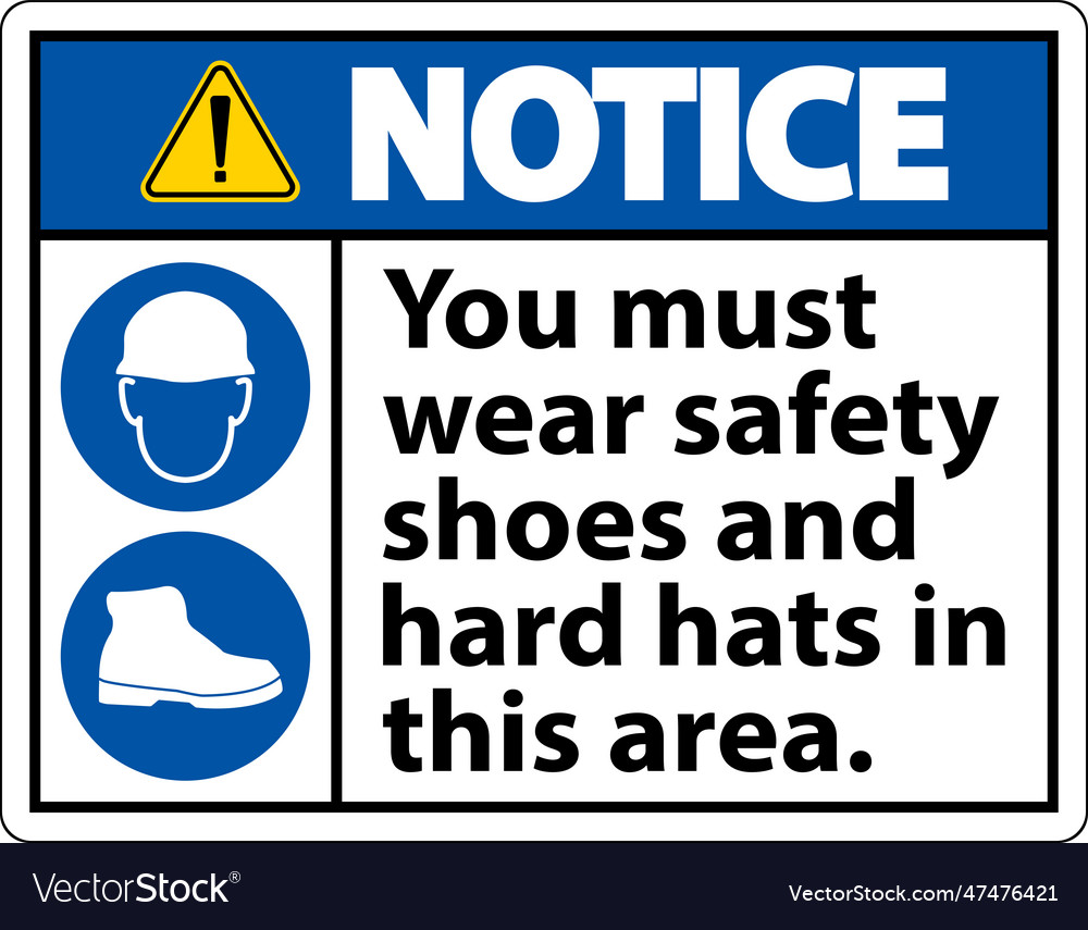 Notice sign you must wear safety shoes and hard