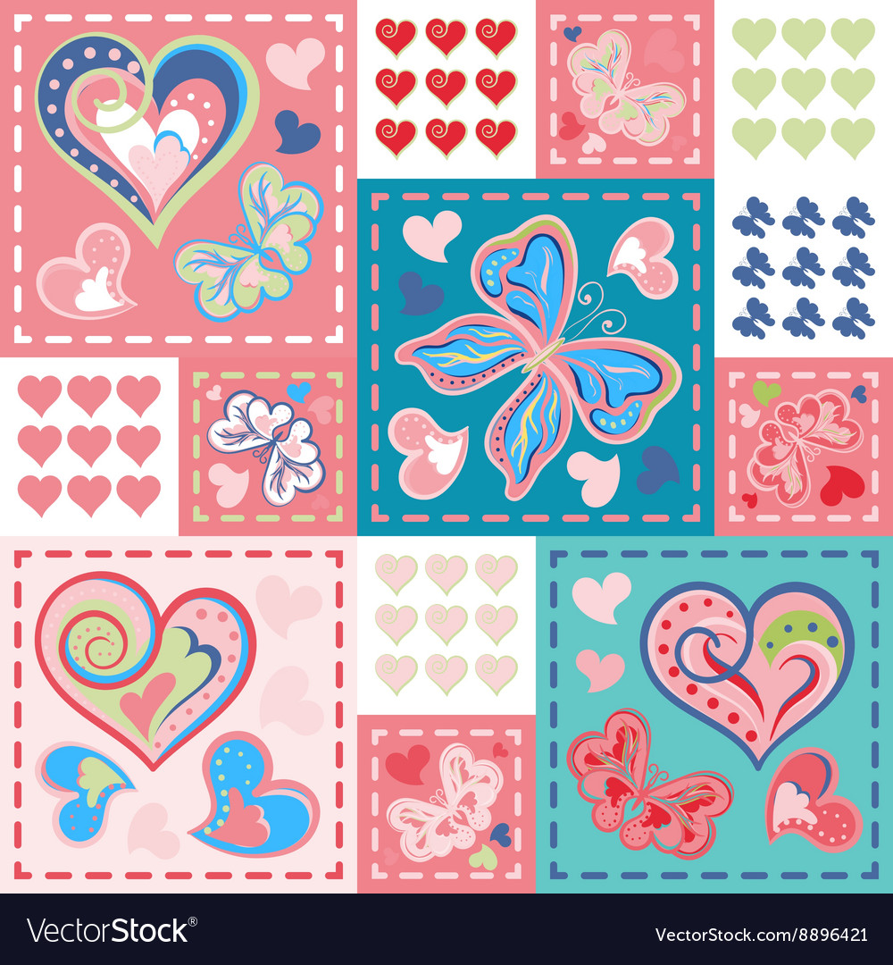 Patchwork bunt mit Herzen und Schmetterling