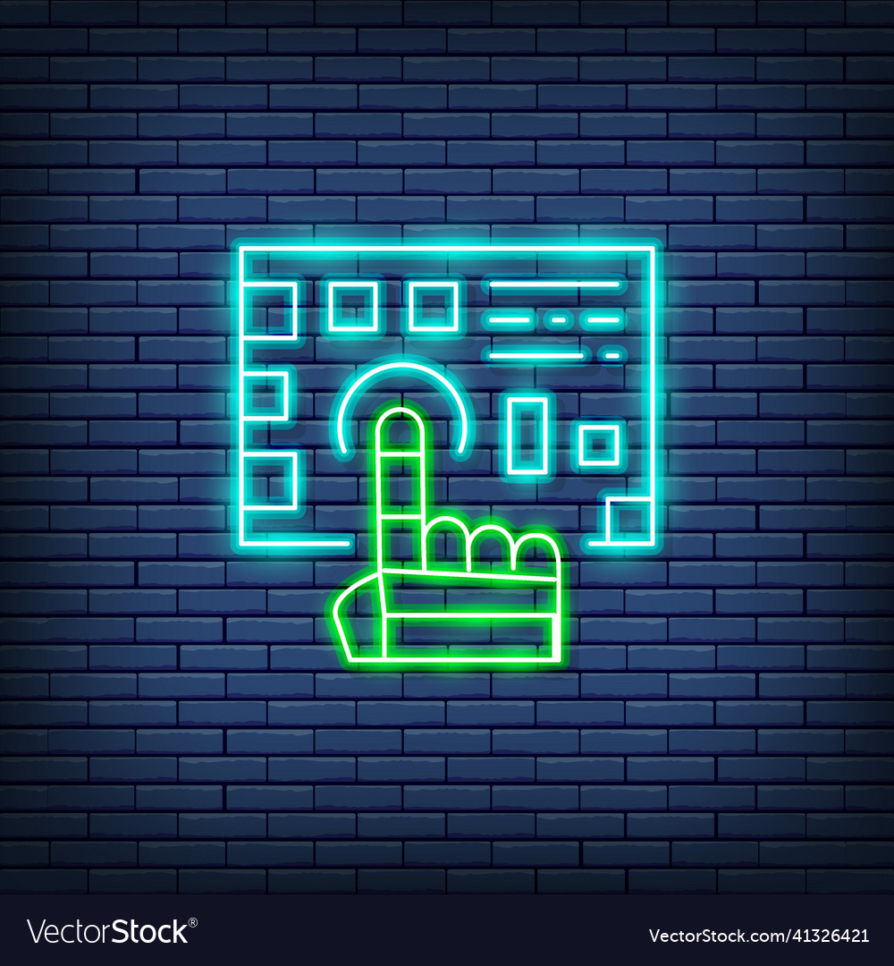 Robot arm presses on the button neon sign vector image Robot arm presses on the button neon sign