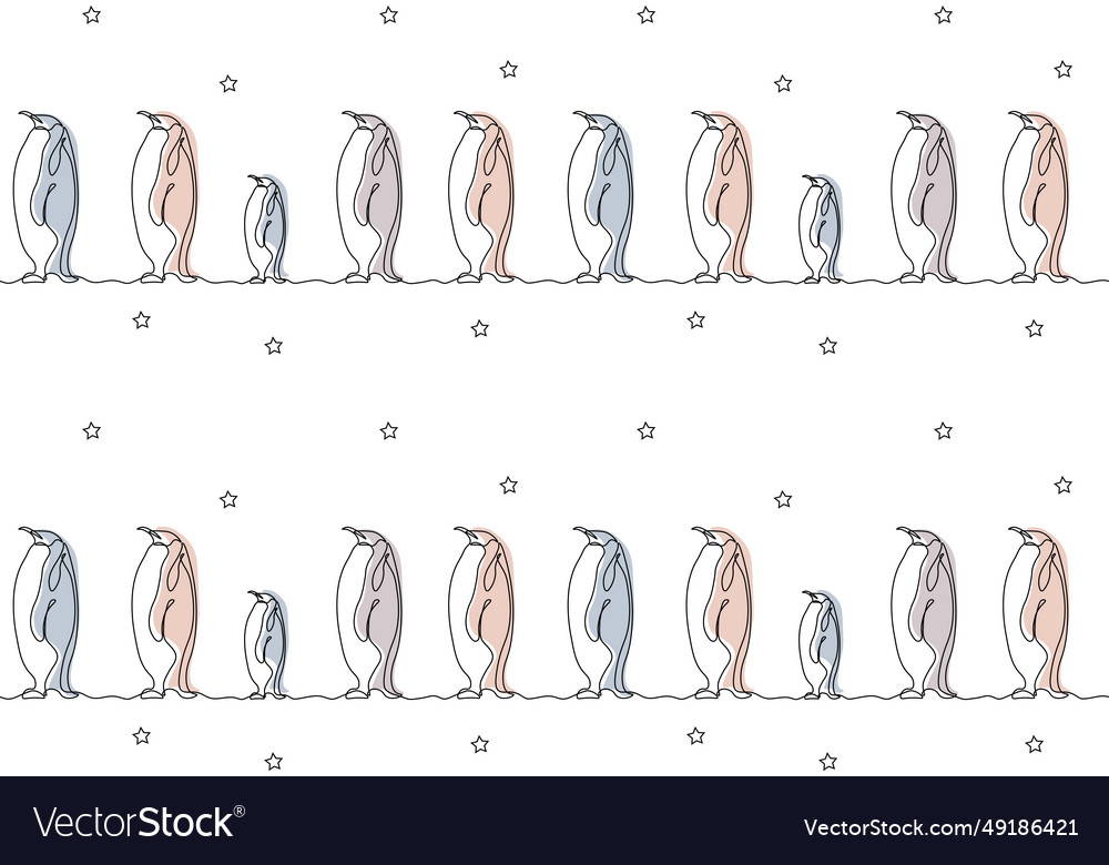 Seamless pattern of penguins walking in a row one