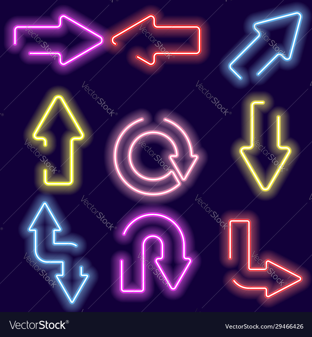 Arrows set with neon glow effect isolated on blue