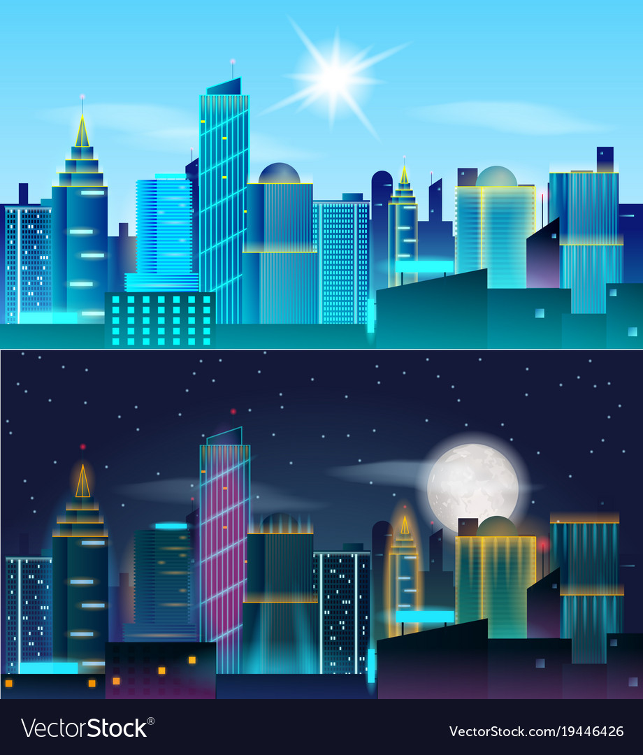 Big city day and night landscape skyscrapers