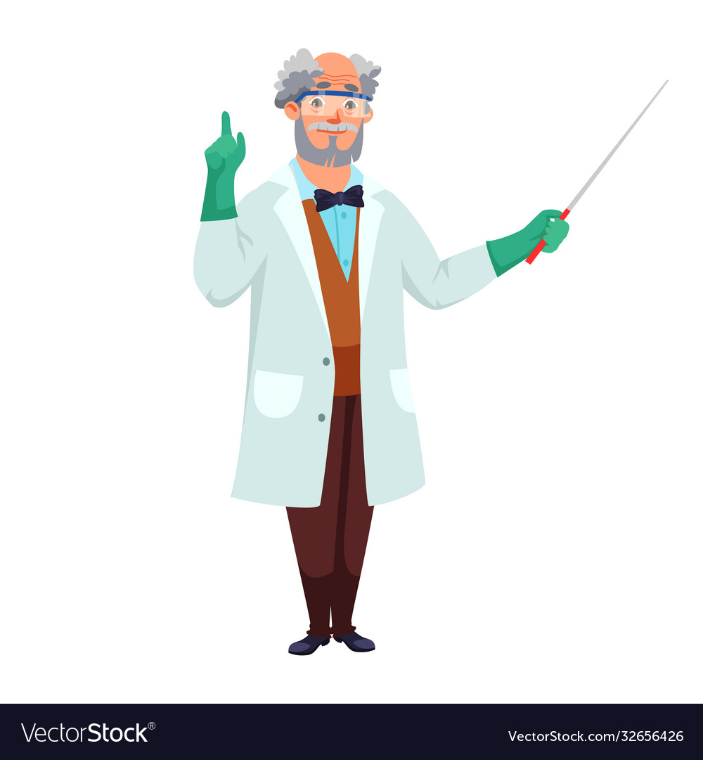 Scientist with pointer standing isolated on white