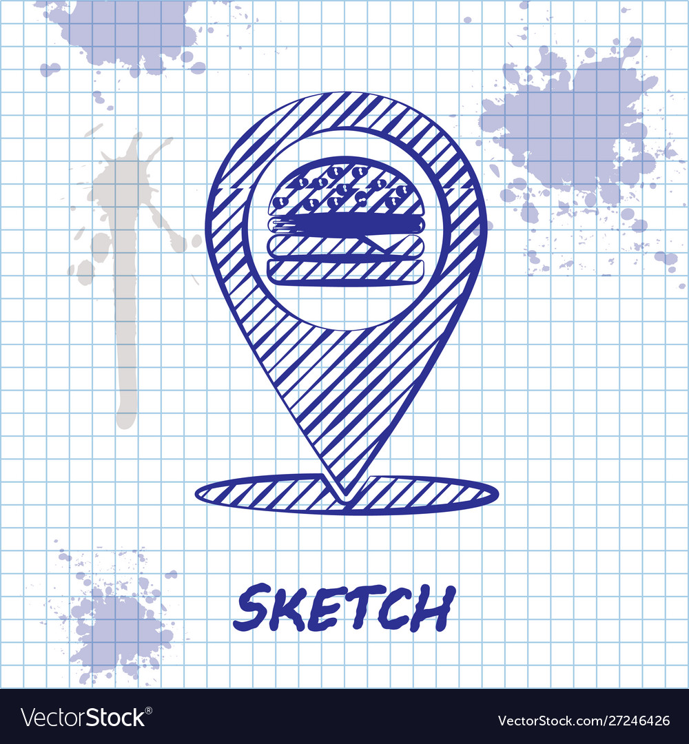 Sketch line map pointer with fast food burger icon