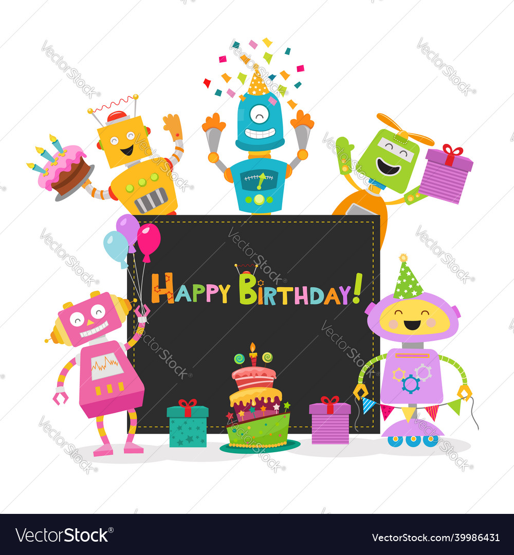 Birthday card with robots Royalty Free Vector Image