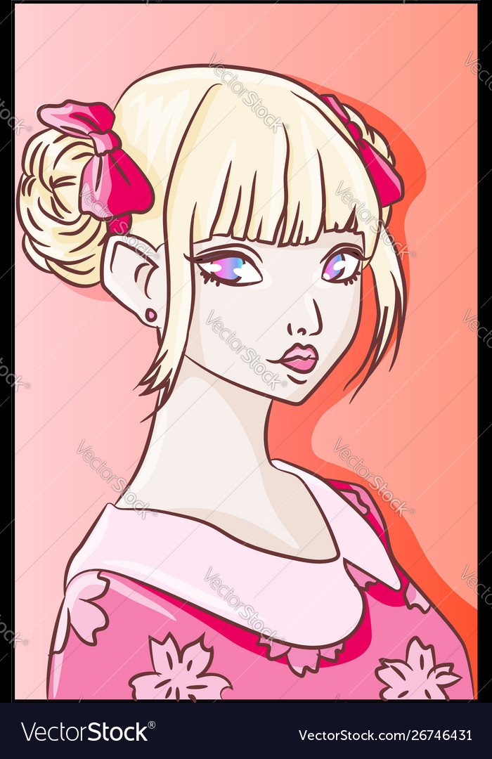 Pink Anime Girl With Cute Kawaii Kimono And Ribbon