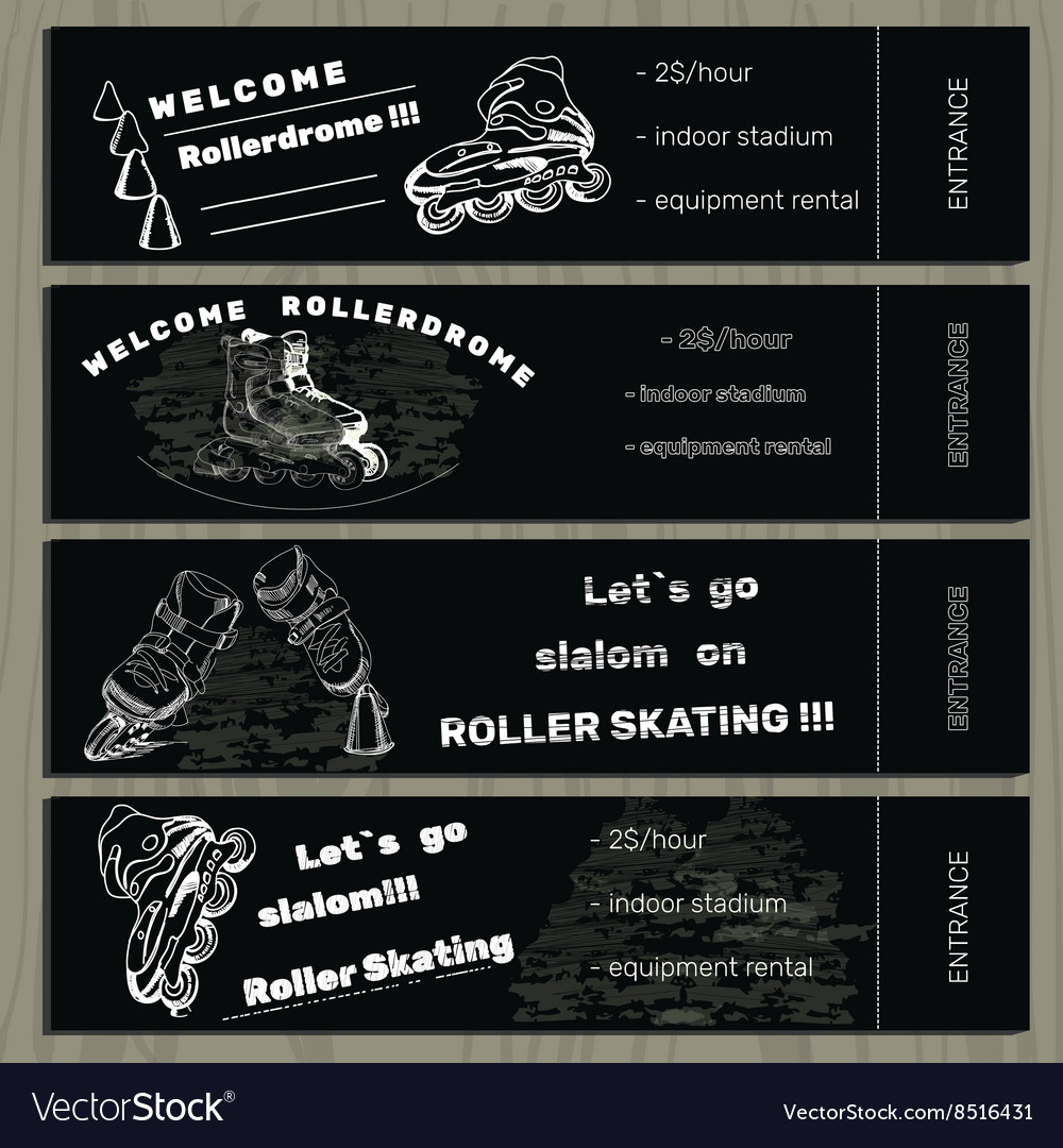 Set hand drawn tickets on rollerdrom with roller