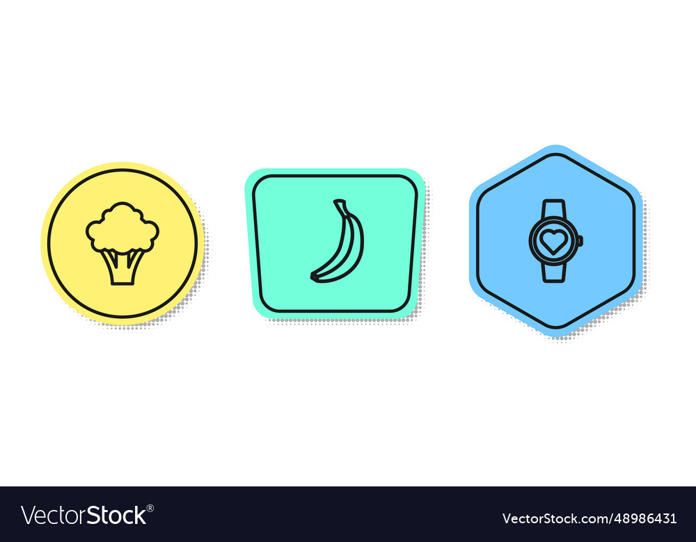 Set line broccoli banana and smart watch colored