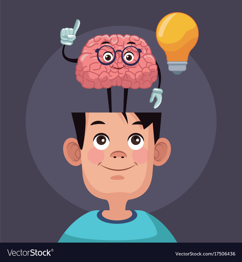 Cute brain cartoon in kid head Royalty Free Vector Image