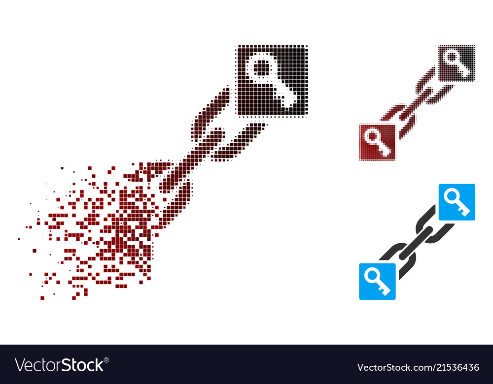 Moving pixel halftone key blockchain icon vector image Moving pixel halftone key blockchain icon