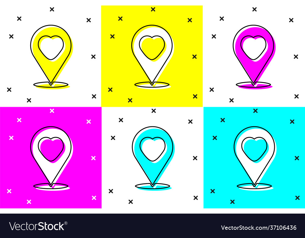 Set map pointer with heart icon isolated on color vector image Set map pointer with heart icon isolated on color