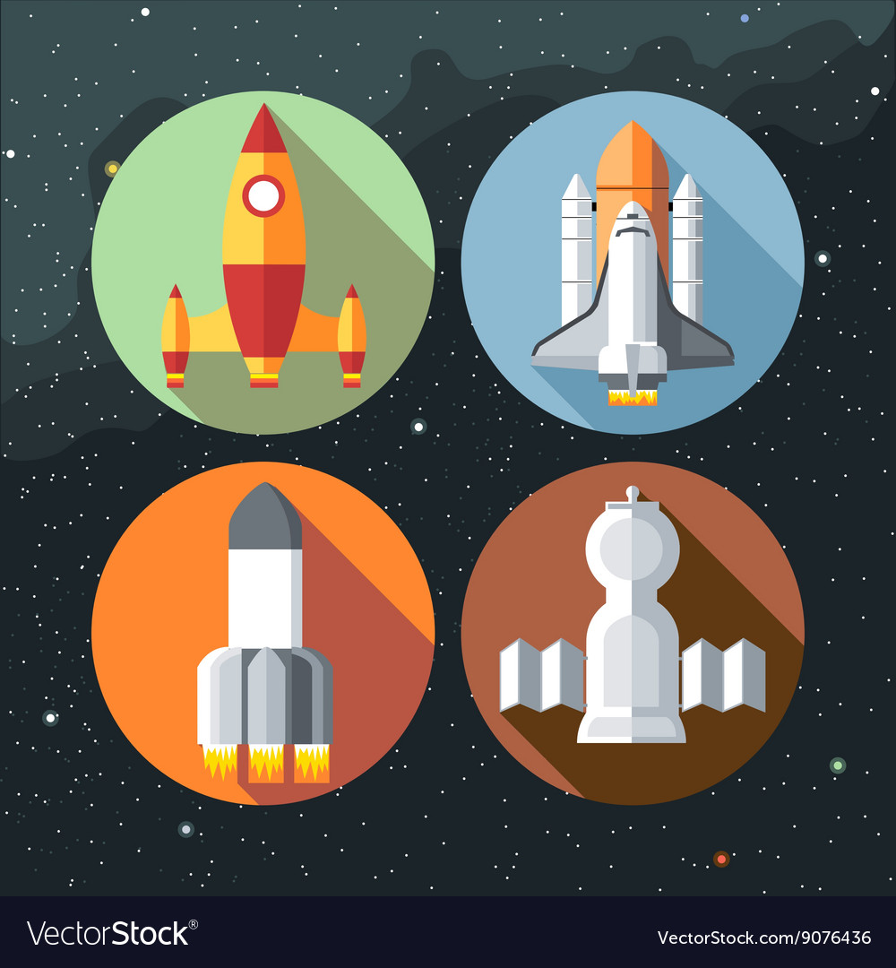 Spaceships icons collection with shuttles and rock