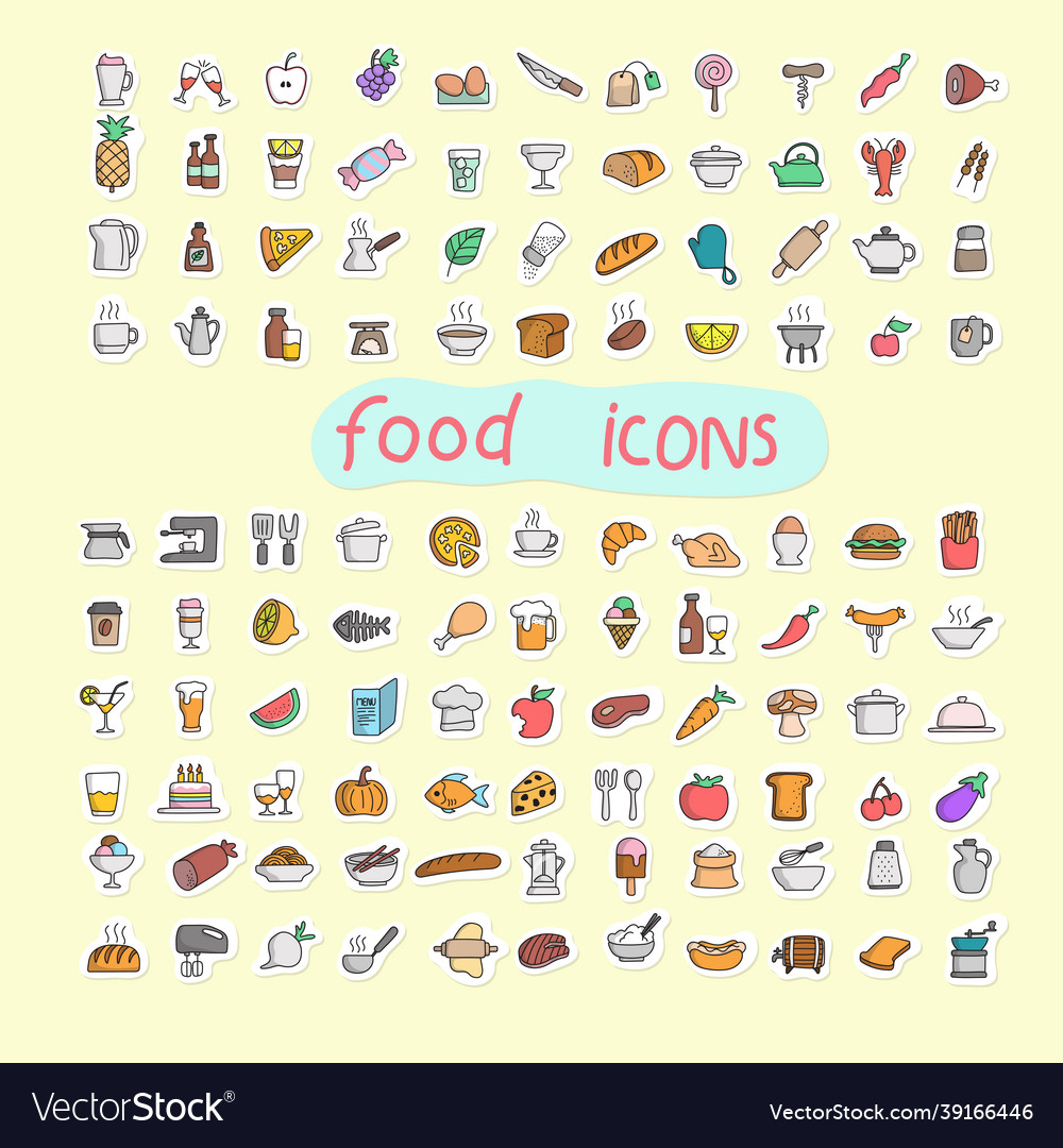 Colorful food icon set in sticker style