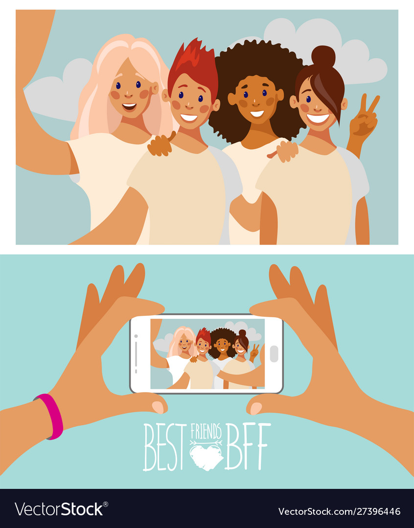 Group four girls friends taking a photo Royalty Free Vector