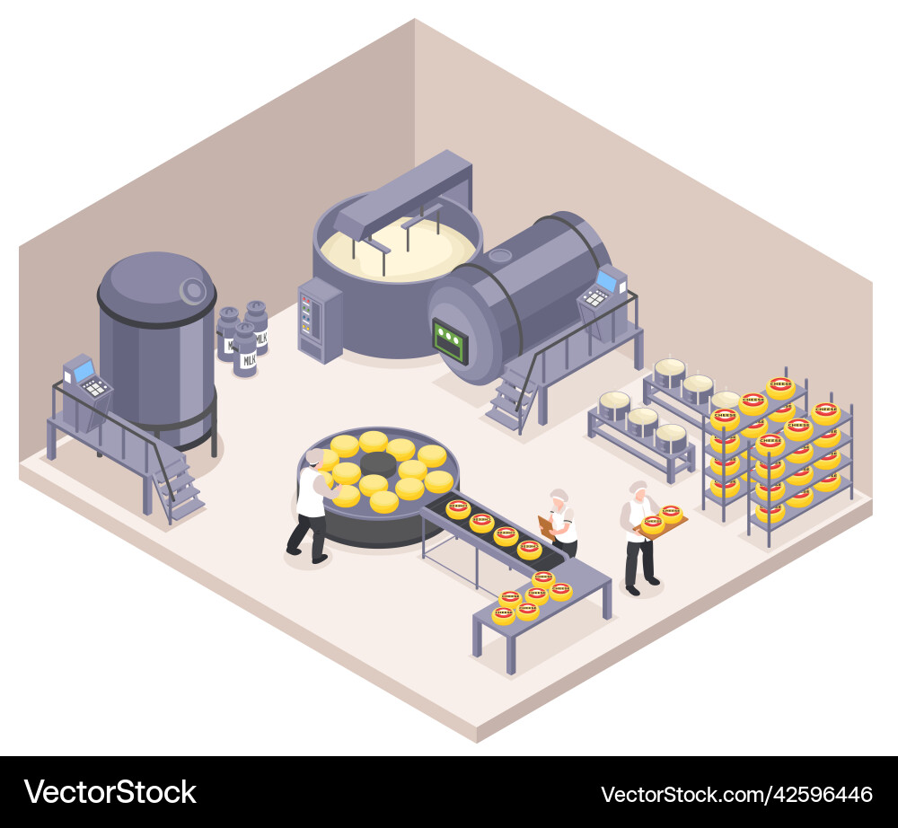 Isometric cheese production composition Royalty Free Vector