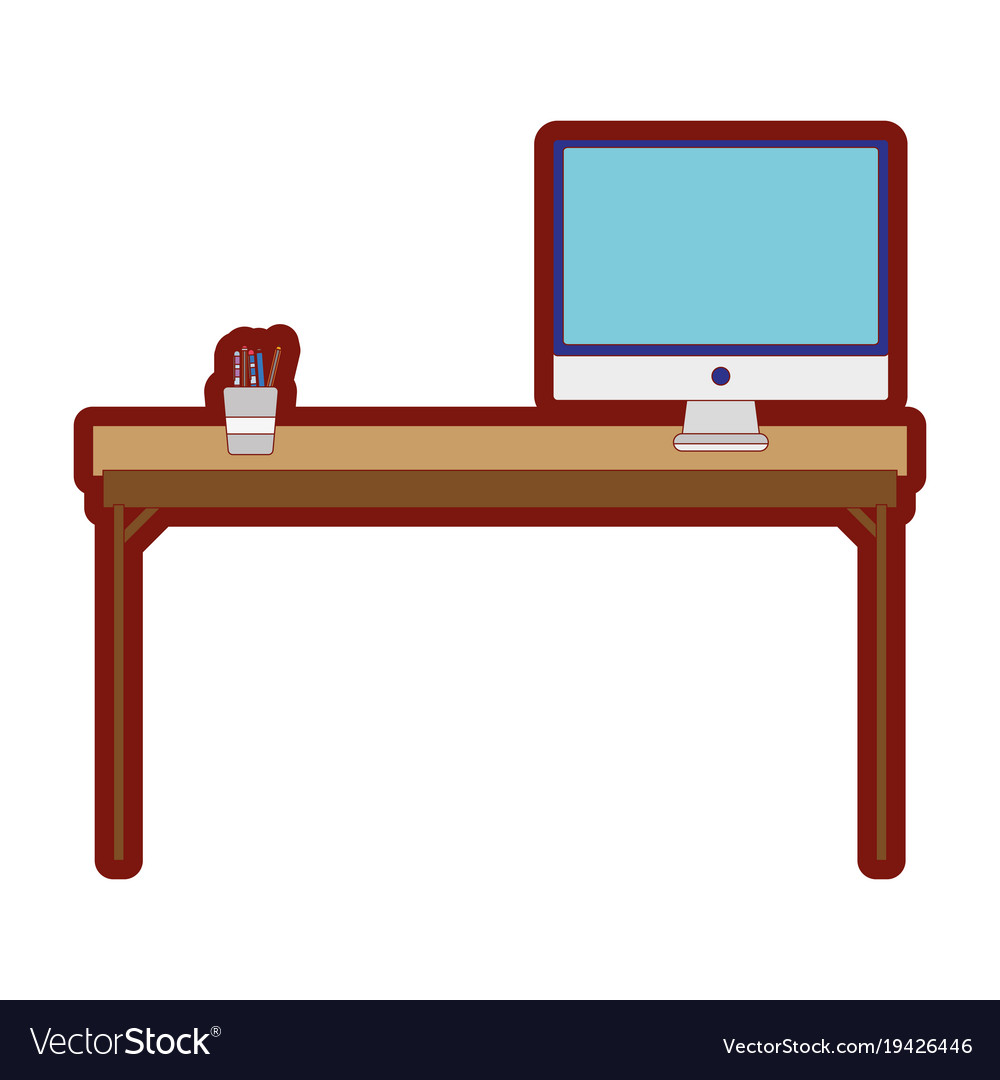 Line color wood desk object with computer screen