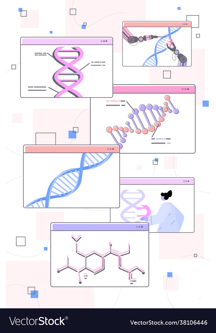 Scientists analyzing dna structure in web browser Vector Image Scientists analyzing dna structure in web browser