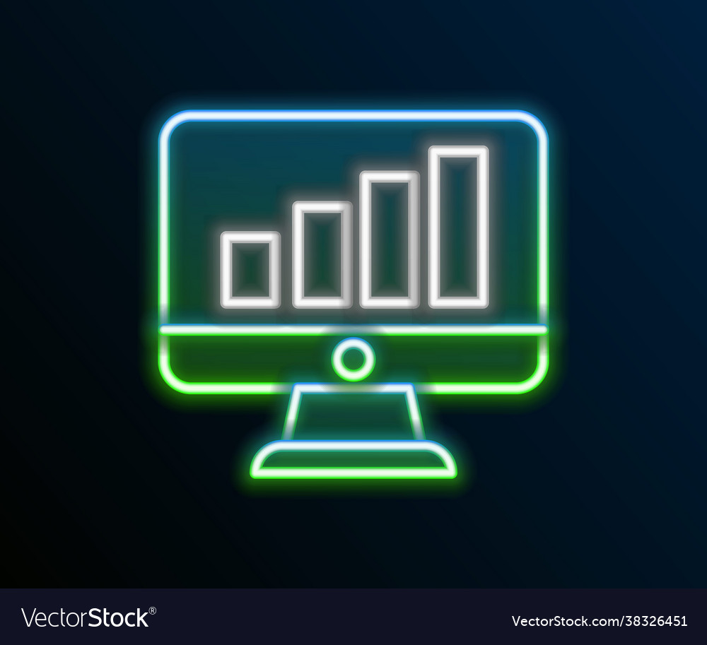 Glowing neon line computer monitor with graph vector image Glowing neon line computer monitor with graph