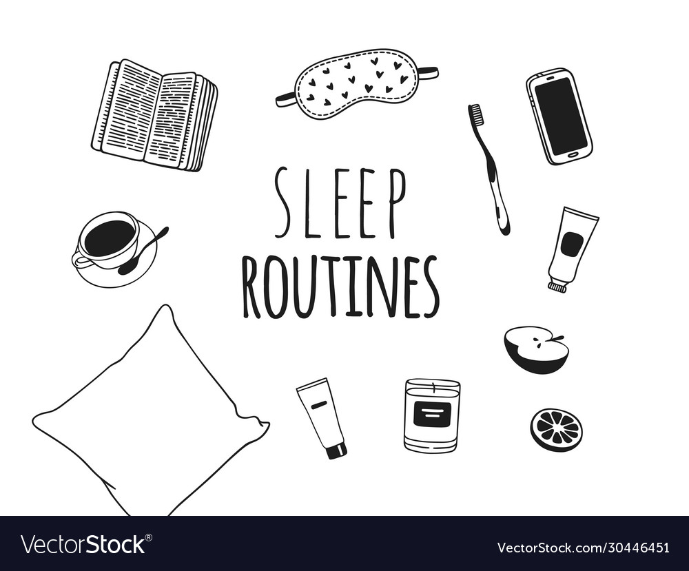 Hand drawn objects about sleep routines and text vector image Hand drawn objects about sleep routines and text